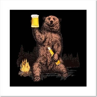 Bear Drinking Beer Camp Fire Woods Outdoor Funny Grizzly Posters and Art